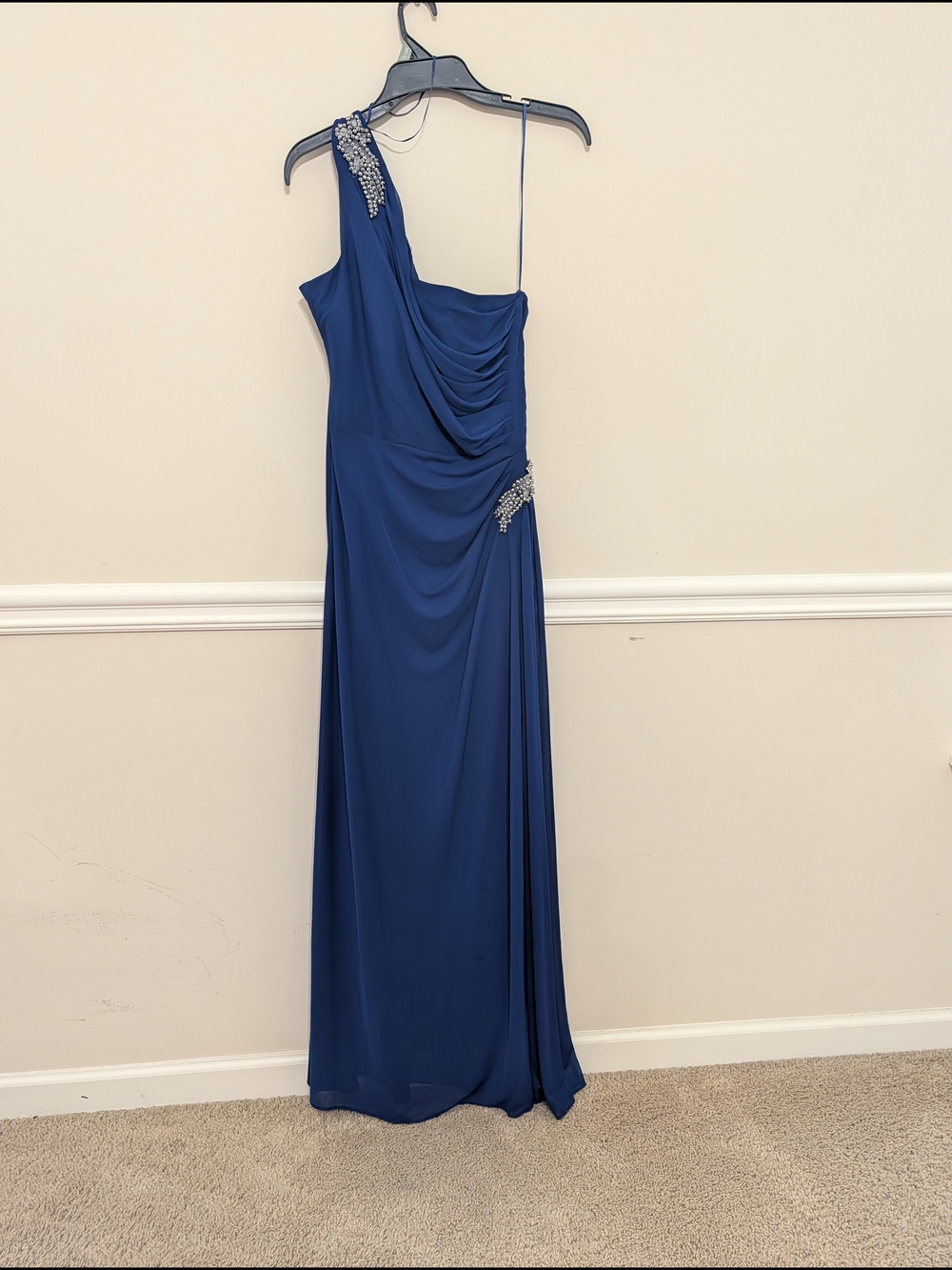 Alex Evenings One-Shoulder Navy Evening Gown with Beaded Accents